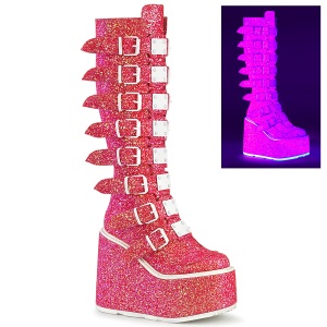 Cua alta 14 cm S815 plataforma botas mujer con hebilla rosa neon