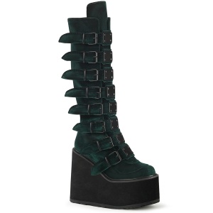 Cua alta 14 cm S815 plataforma botas mujer con hebilla verdes terciopelo