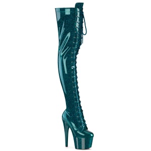 Glitter verde azulado 18 cm ADORE-3020GP tacones botas altas por encima de la rodilla con cordones