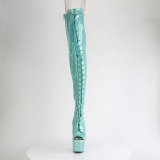 Glitter Verdes 18 cm PEEP TOE tacones botas altas por encima de la rodilla con cordones