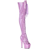 Glitter purpura 18 cm PEEP TOE tacones botas altas por encima de la rodilla con cordones