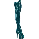 Glitter verde azulado 18 cm PEEP TOE tacones botas altas por encima de la rodilla con cordones