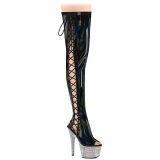 Strass Negro 18 cm open toe tacones botas altas por encima de la rodilla con cordones