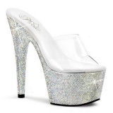 Transparente Plata 18 cm BEJEWELED-701DM Strass Plataforma Mules Altos